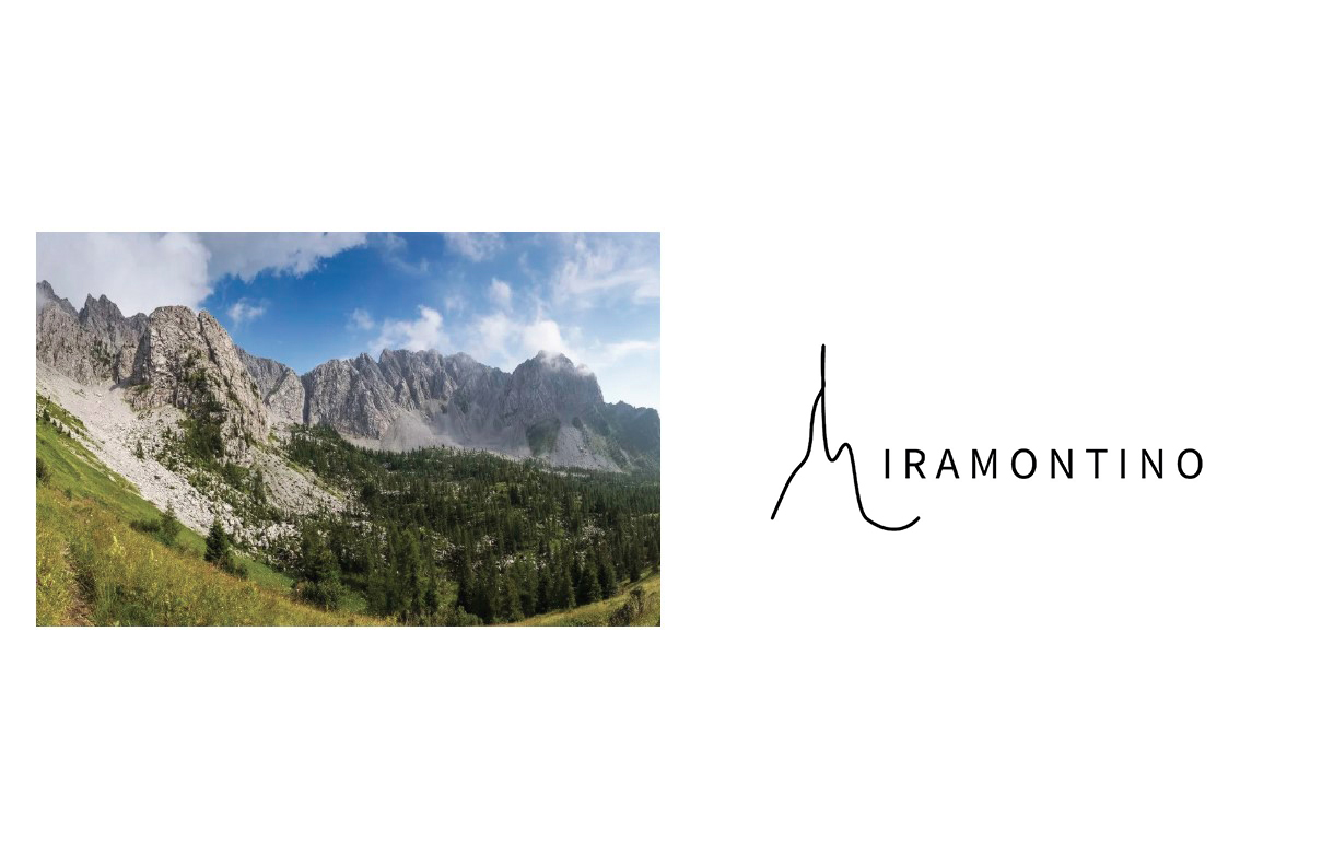 Foto del logo del Miramontino Mountain Suite e delle montagne a cui i designer di Carminati Interiors si sono ispirati per la sua creazione
